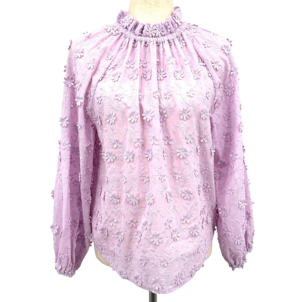 Ann Taylor Embroidered Blouse Women's Lavender 3D Floral Cottage Embroidered